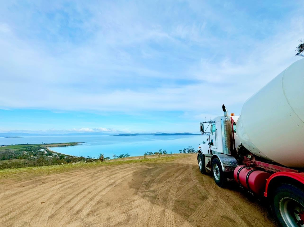 Mixer truck overlooking the bay, Tasman Peninsula