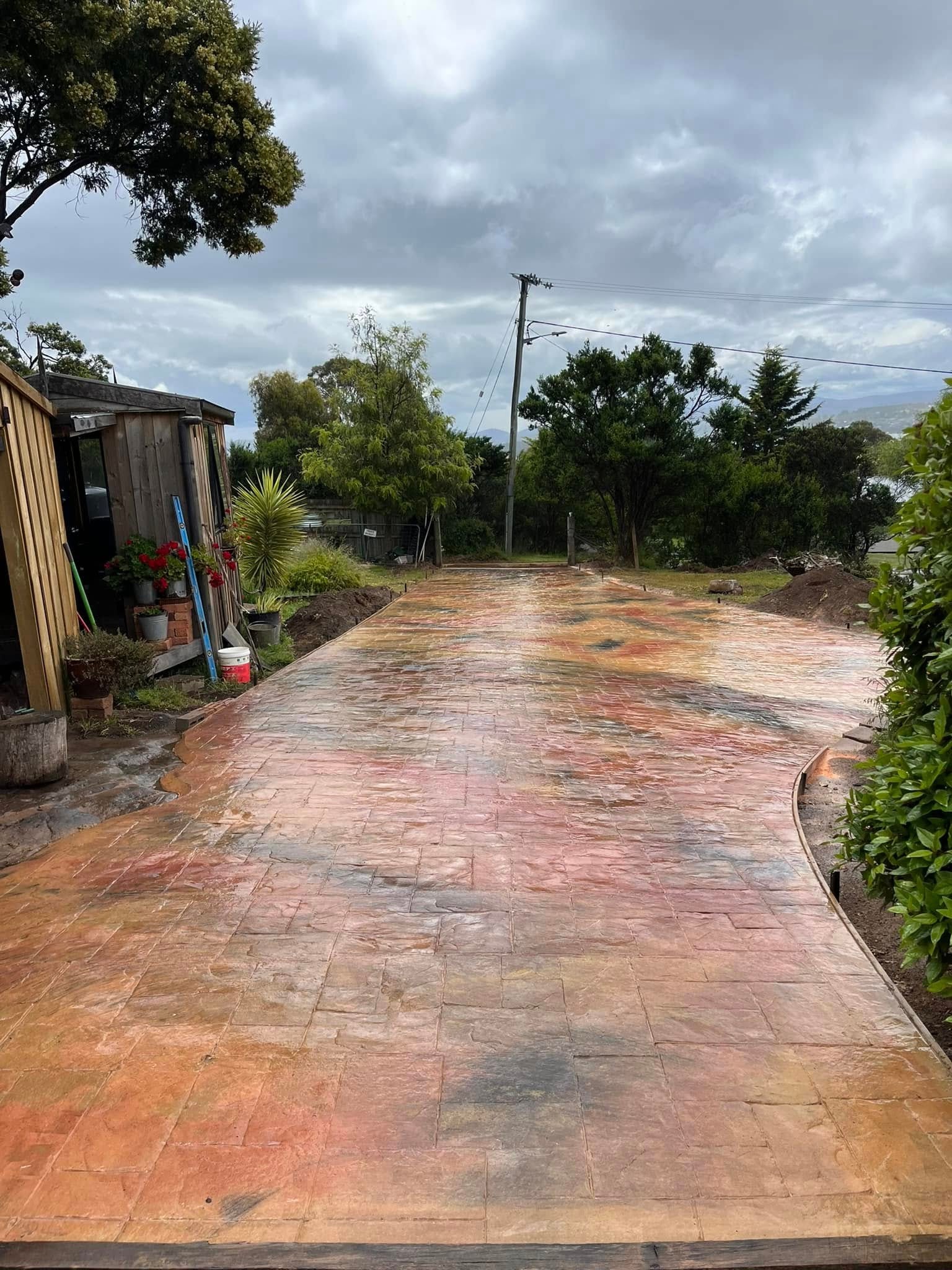 Decorative stamped concrete driveway, Tasman Peninsula