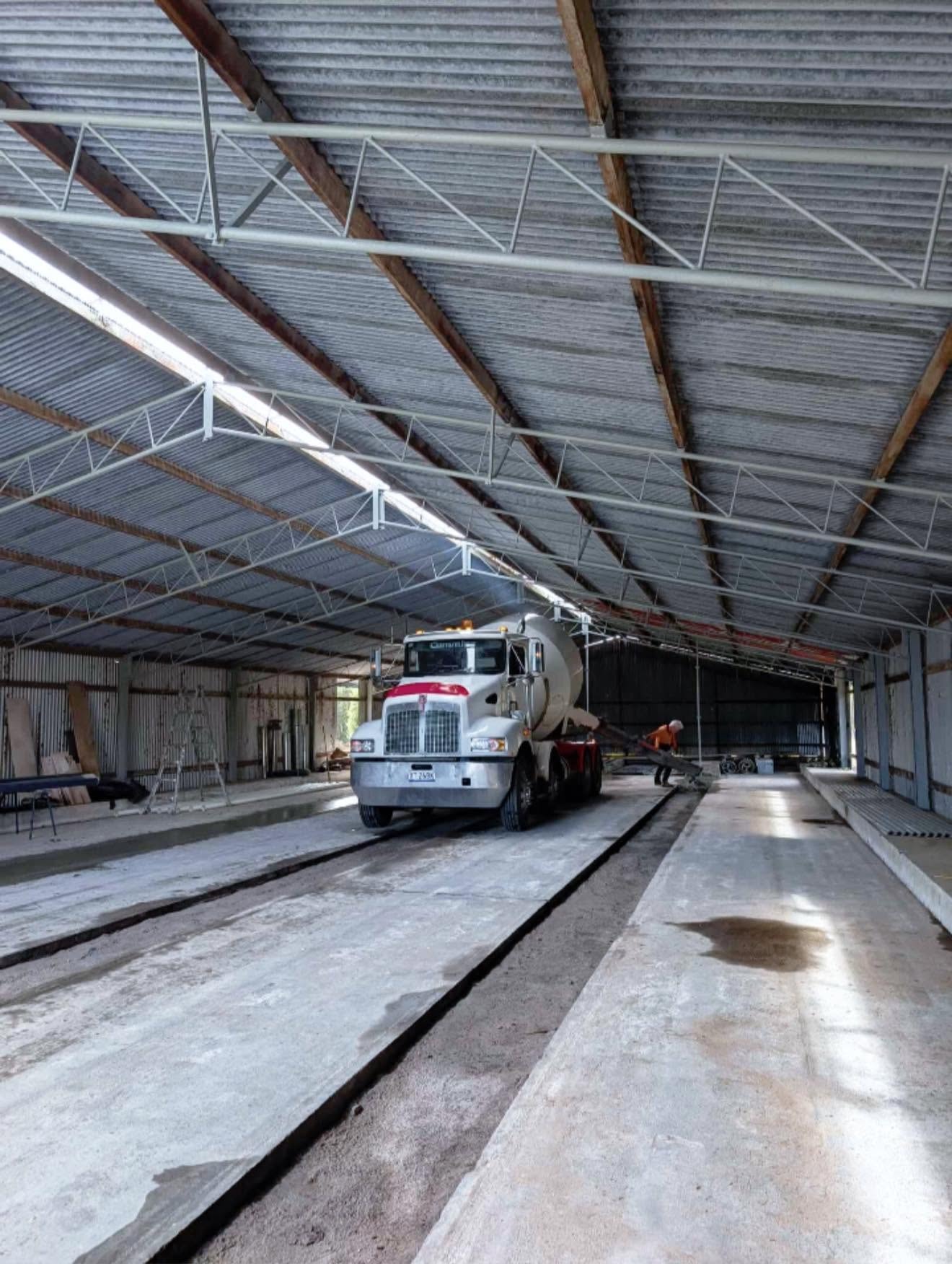 Kenworth inside the shed, commercial floor pour