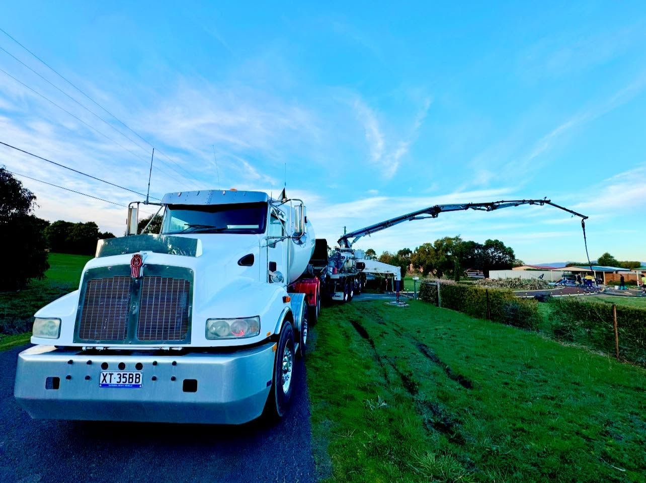 Pump truck extended, residential job site